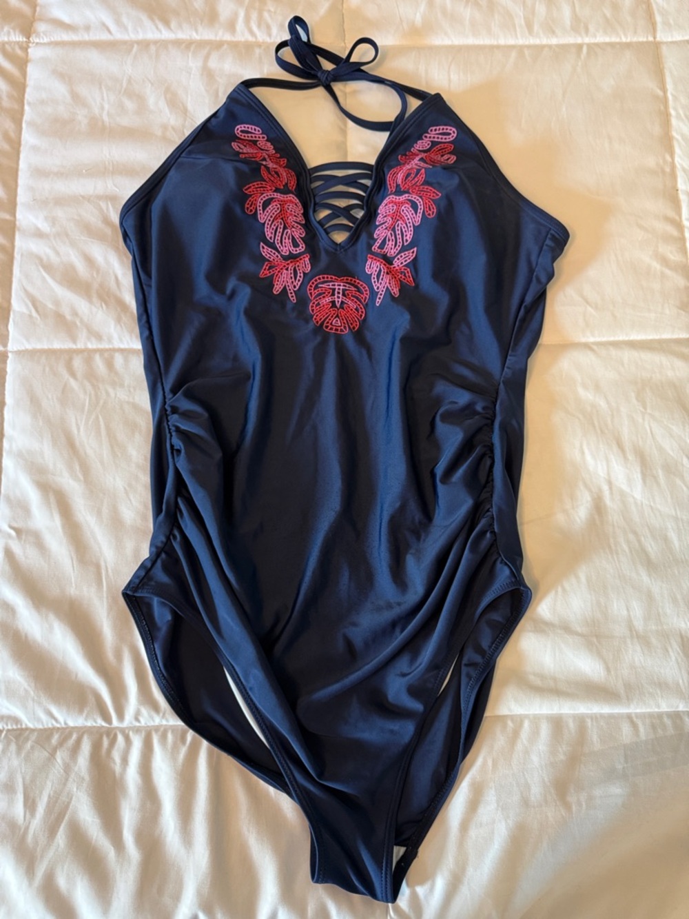 Women’s Navy One-Piece Swimsuit with Pink Embroidery